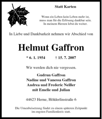 Traueranzeige von Helmut Gaffron von Tageszeitung
