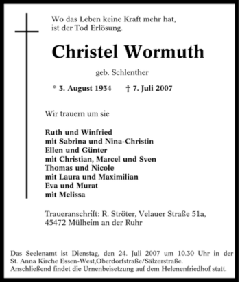 Traueranzeige von Christel Wormuth von Tageszeitung