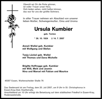 Traueranzeige von Ursula Kumbier von Tageszeitung