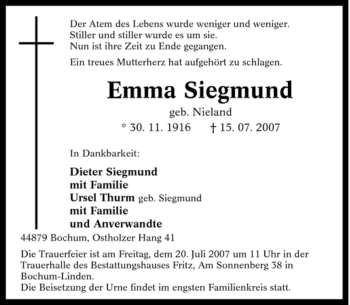 Traueranzeige von Emma Siegmund von Tageszeitung