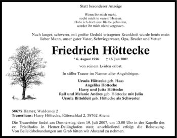 Traueranzeige von Friedrich Höttecke von Tageszeitung