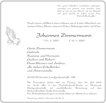 Traueranzeige von Johannes Zimmermann von Tageszeitung