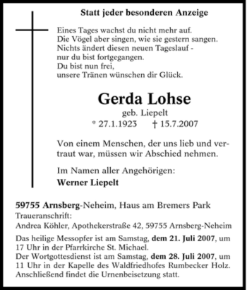 Traueranzeige von Gerda Lohse von Tageszeitung