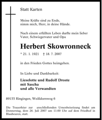 Traueranzeige von Herbert Skowronneck von Tageszeitung