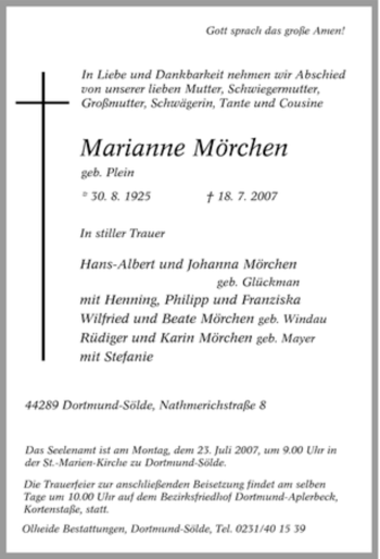 Traueranzeige von Marianne Mörchen von Tageszeitung
