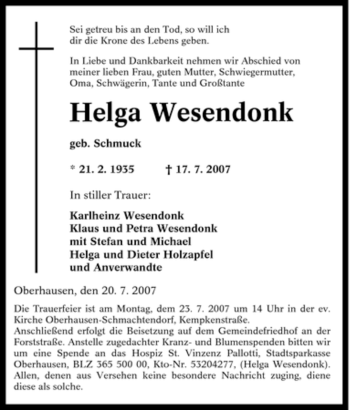 Traueranzeige von Helga Wesendonk von Tageszeitung