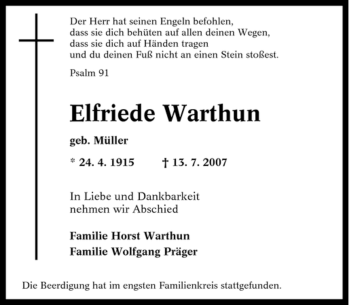 Traueranzeige von Elfriede Warthun von Tageszeitung