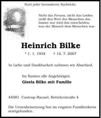 Traueranzeige von Heinrich Bilke von Tageszeitung