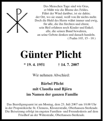 Traueranzeige von Günter Plicht von Tageszeitung