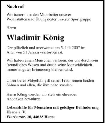 Traueranzeige von Wladimir König von Tageszeitung