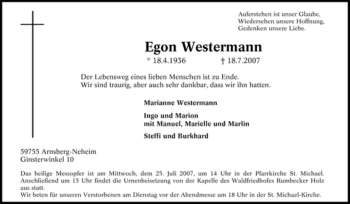 Traueranzeige von Egon Westermann von Tageszeitung