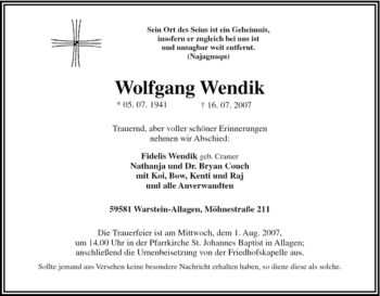 Traueranzeige von Wolfgang Wendik von Tageszeitung