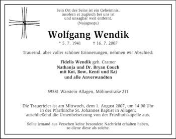 Traueranzeige von Wolfgang Wendik von Tageszeitung