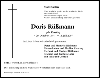 Traueranzeige von Doris Rüßmann von Tageszeitung