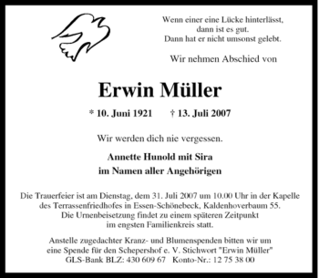 Traueranzeige von Erwin Müller von Tageszeitung