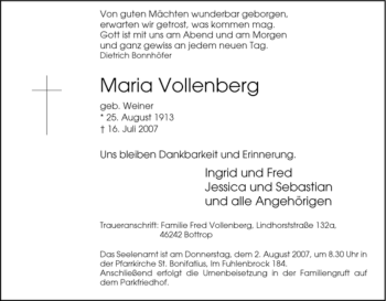 Traueranzeige von Maria Vollenberg von Tageszeitung