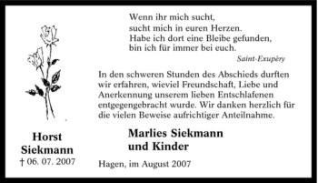 Traueranzeige von Horst Siekmann von Tageszeitung