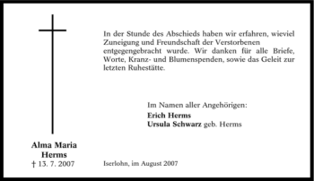 Traueranzeige von Alma Maria Herms von Tageszeitung