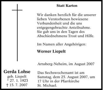 Traueranzeige von Gerda Lohse von Tageszeitung