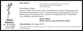 Traueranzeige von Maria Hecken von Tageszeitung