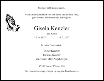 Traueranzeige von Gisela Kenzler von Tageszeitung