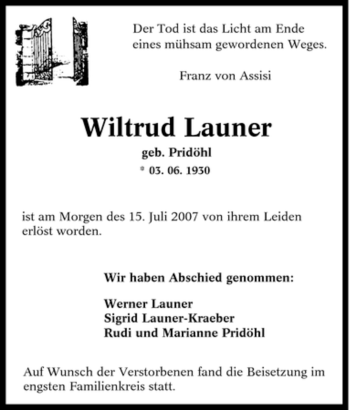 Traueranzeige von Wiltrud Launer von Tageszeitung