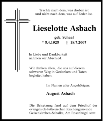 Traueranzeige von Lieselotte Asbach von Tageszeitung