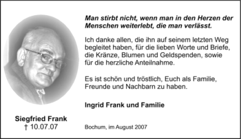 Traueranzeige von Siegfried Frank von Tageszeitung