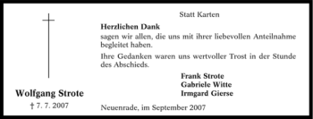 Traueranzeige von Wolfgang Strote von Tageszeitung