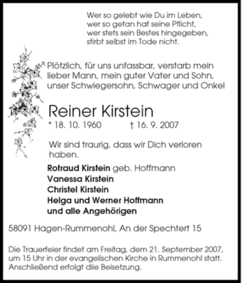 Traueranzeige von Reiner Kirstein von Tageszeitung