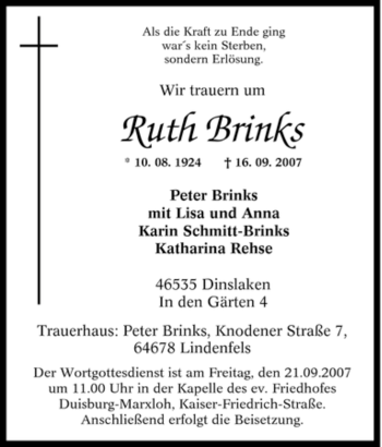 Traueranzeige von Ruth Brinks von Tageszeitung