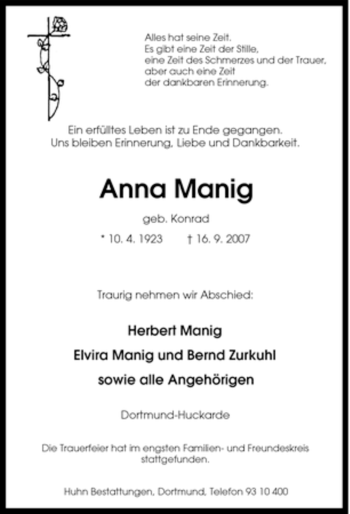 Traueranzeige von Anna Manig von Tageszeitung