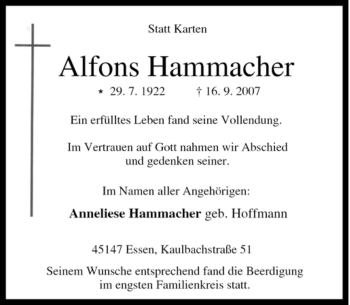 Traueranzeige von Alfons Hammacher von Tageszeitung