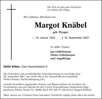 Traueranzeige von Margot Knäbel von Tageszeitung