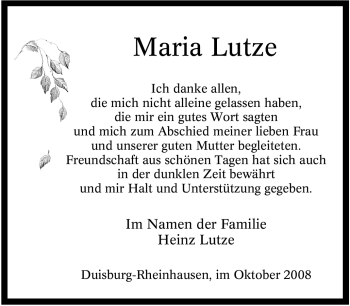 Traueranzeige von Maria Lutze von Tageszeitung