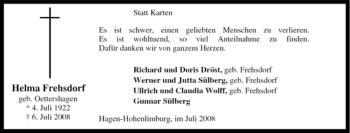 Traueranzeige von Helma Frehsdorf von Tageszeitung