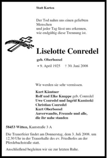 Traueranzeige von Liselotte Conredel von Tageszeitung
