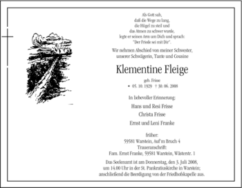 Traueranzeige von Klementine Fleige von Tageszeitung