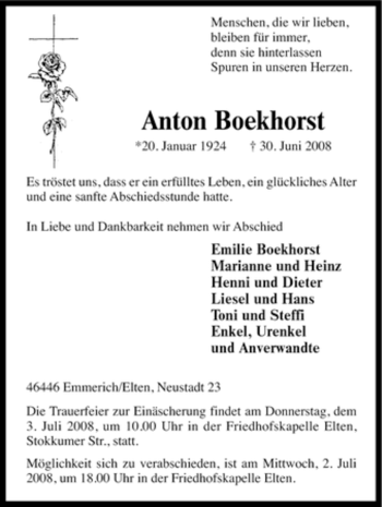 Traueranzeige von Anton Boekhorst von Tageszeitung