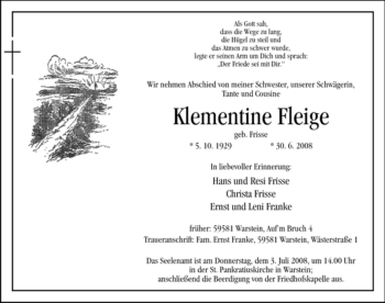 Traueranzeige von Klementine Fleige von Tageszeitung