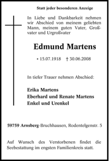 Traueranzeige von Edmund Martens von Tageszeitung