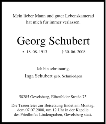 Traueranzeige von Georg Schubert von Tageszeitung
