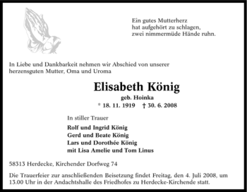 Traueranzeige von Elisabeth König von Tageszeitung