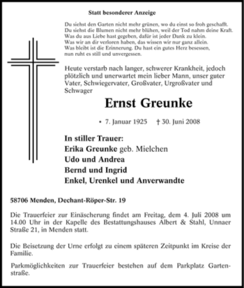 Traueranzeige von Ernst Greunke von Tageszeitung