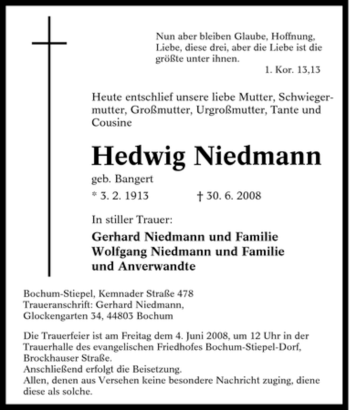 Traueranzeige von Hedwig Niedmann von Tageszeitung