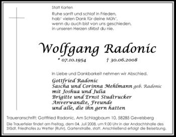 Traueranzeige von Wolfgang Radonic von Tageszeitung