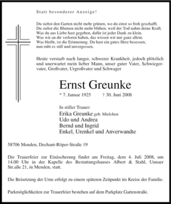 Traueranzeige von Ernst Greunke von Tageszeitung