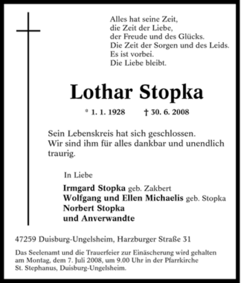 Traueranzeige von Lothar Stopka von Tageszeitung