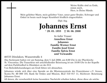 Traueranzeige von Johannes Ernst von Tageszeitung