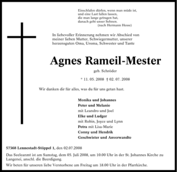Traueranzeige von Agnes Rameil-Mester von Tageszeitung